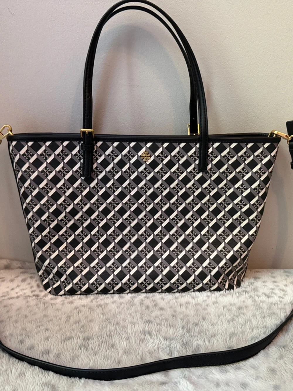 Tory Burch Black and Cream Logo Pattern Tote